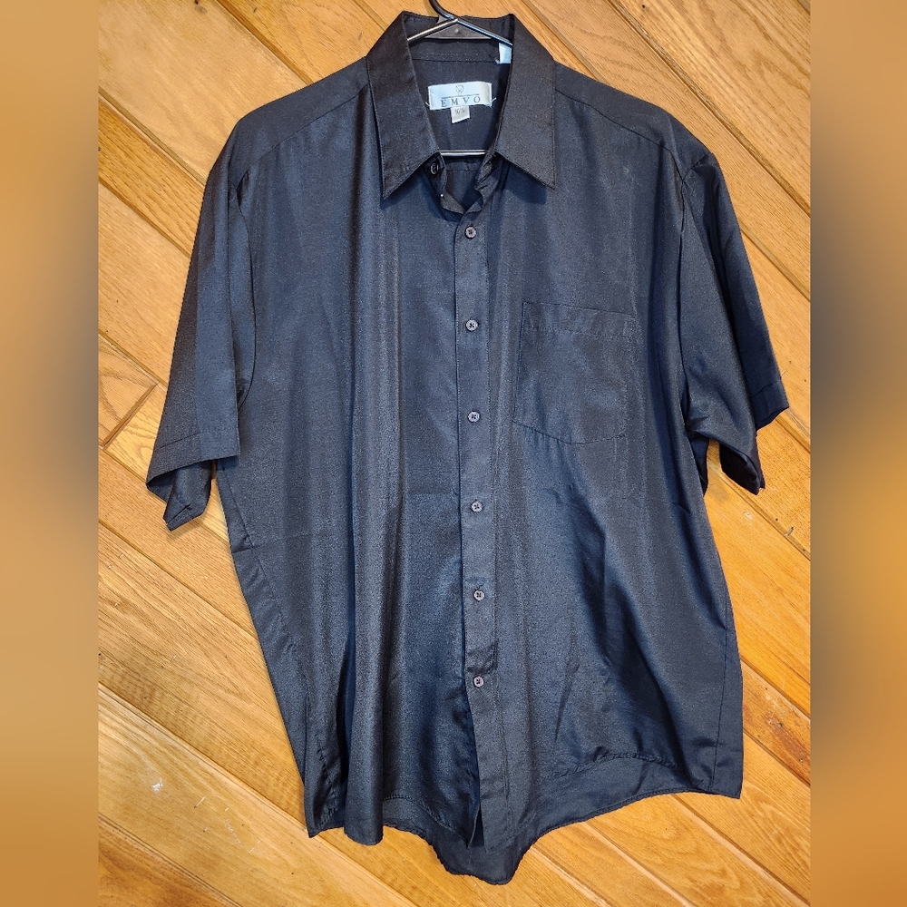 EMVO solid black short sleeved button down mens dress shirt size 16 and A Half